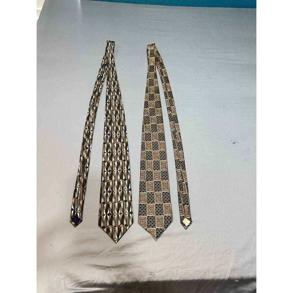 VTG Set Of 2 Pierre Balmain Extra Long Neck Ties Geometric Gold/Black - Picture 2 of 6